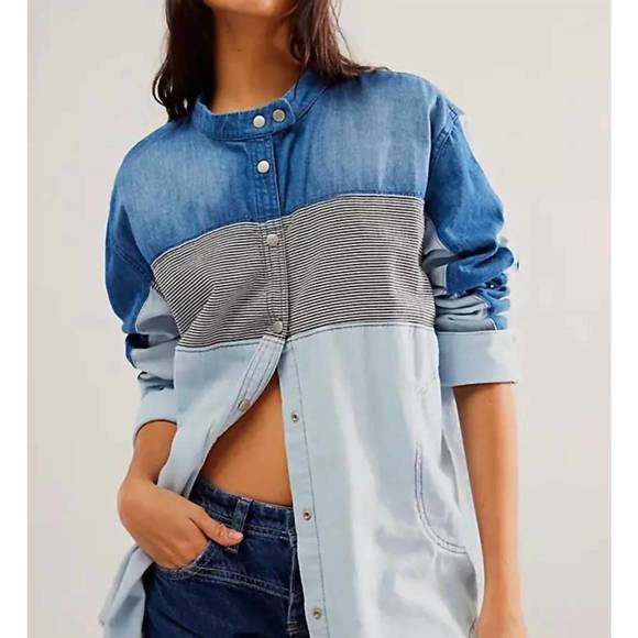 NEW FREE PEOPLE moto color block shirt in blue combo - Picture 1 of 3
